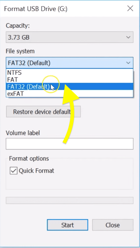 format your USB drive in FAT32 format