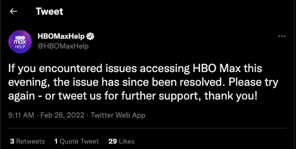 HBO Max's help Twitter handle
