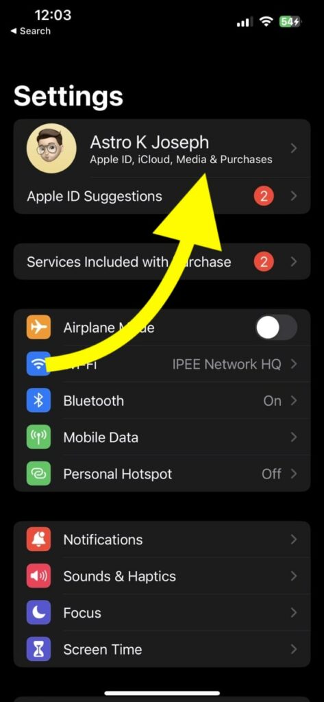 Apple ID, iCloud, Media & Purchases settings