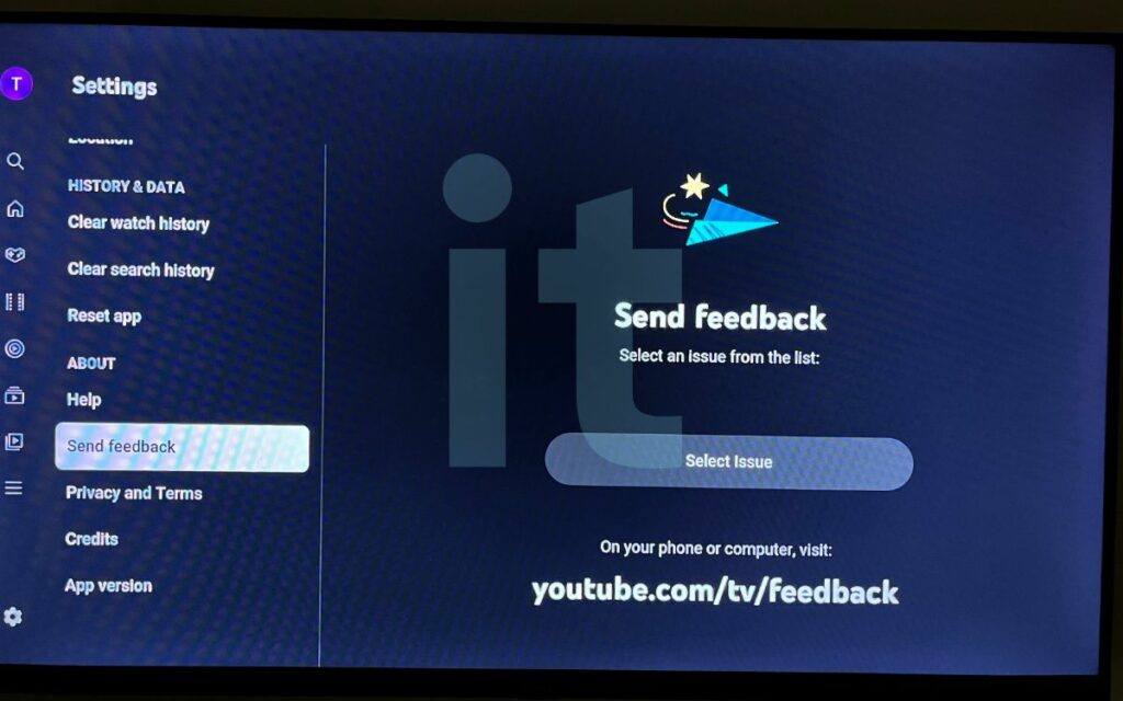 Send Feedback on YouTube TV