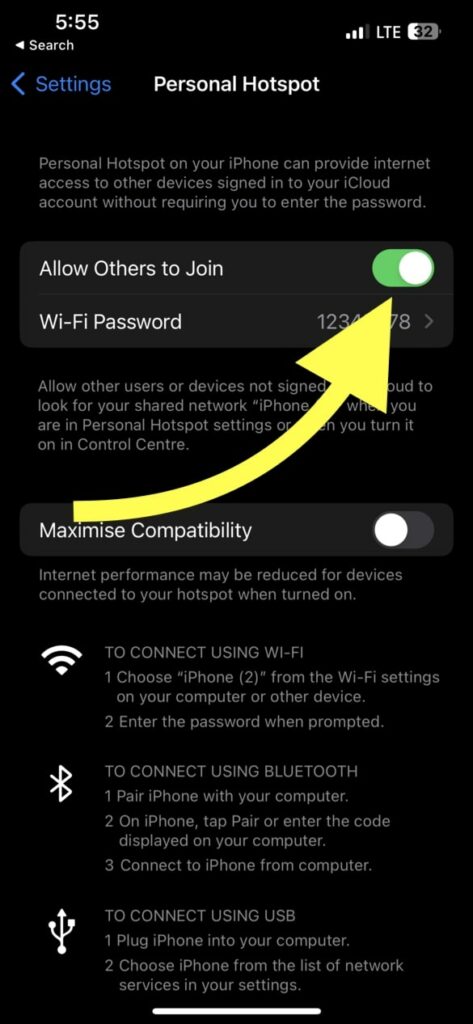 Turn on Hotspot on iPhone