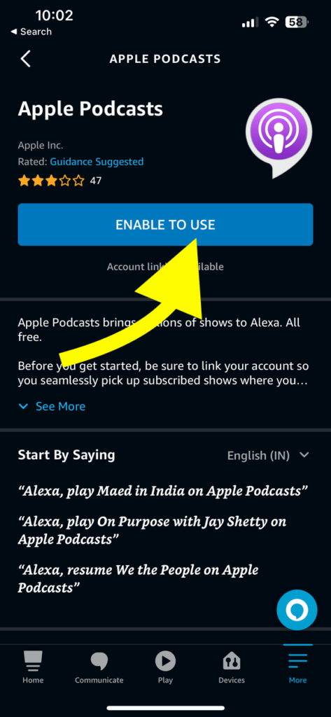 Enable to use the music service skill on Alexa