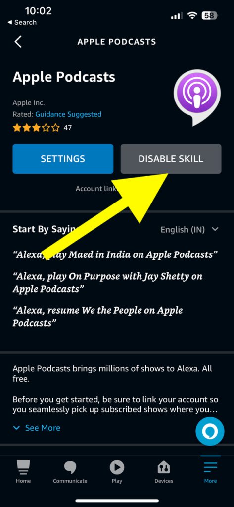 disable skill on Alexa app
