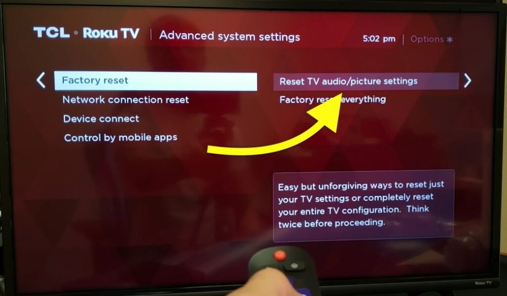 Reset TV audio/picture settings tcl roku tv
