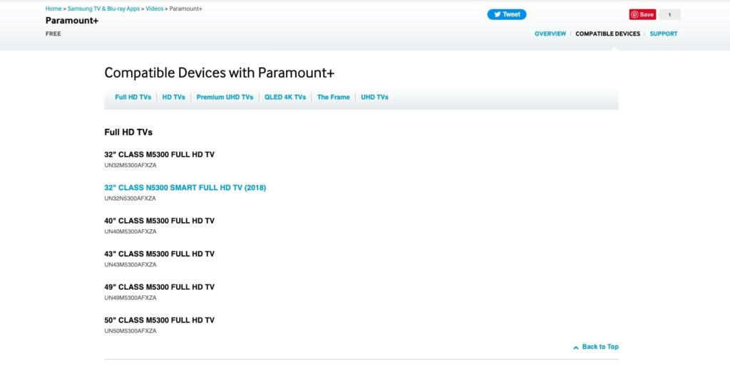 samsung tvs compatible with paramount plus