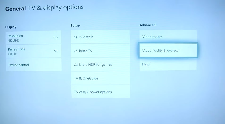 Video Fidelity and Overscan - Xbox settings