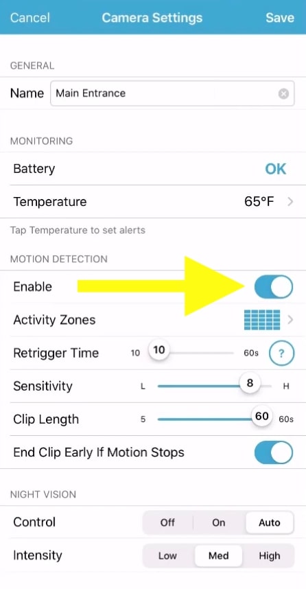 enable motion detection on blink camera