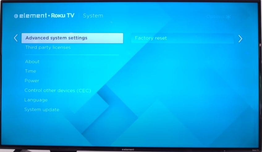 element roku tv advanced system settings