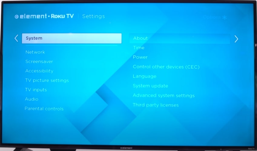 element roku tv system settings