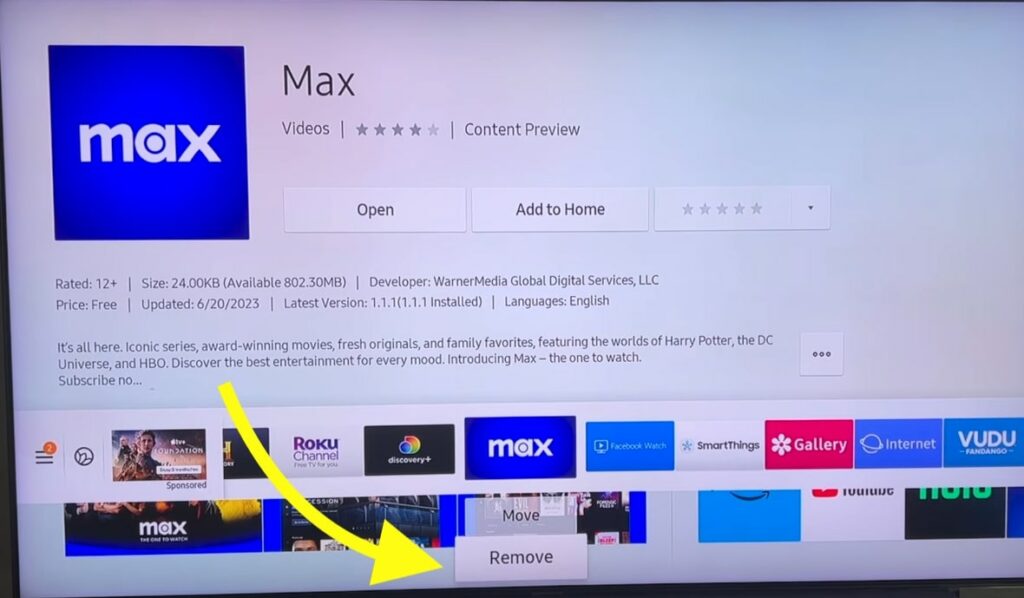 uninstall max on samsung tv