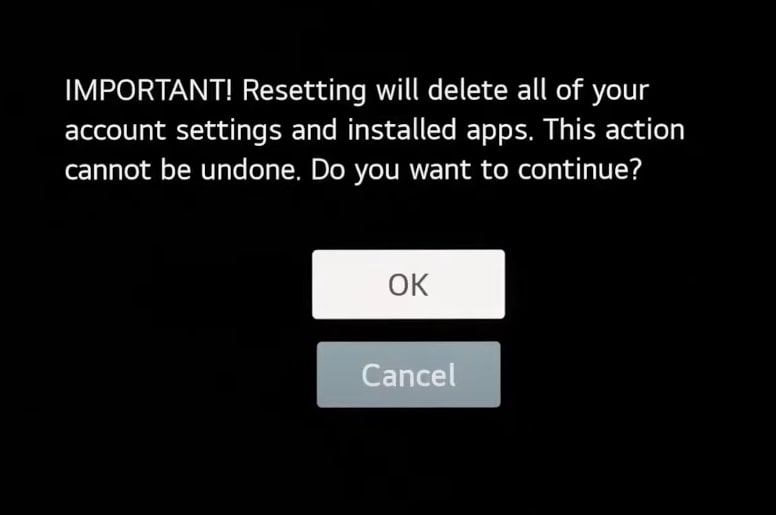 confirm resetting lg tv