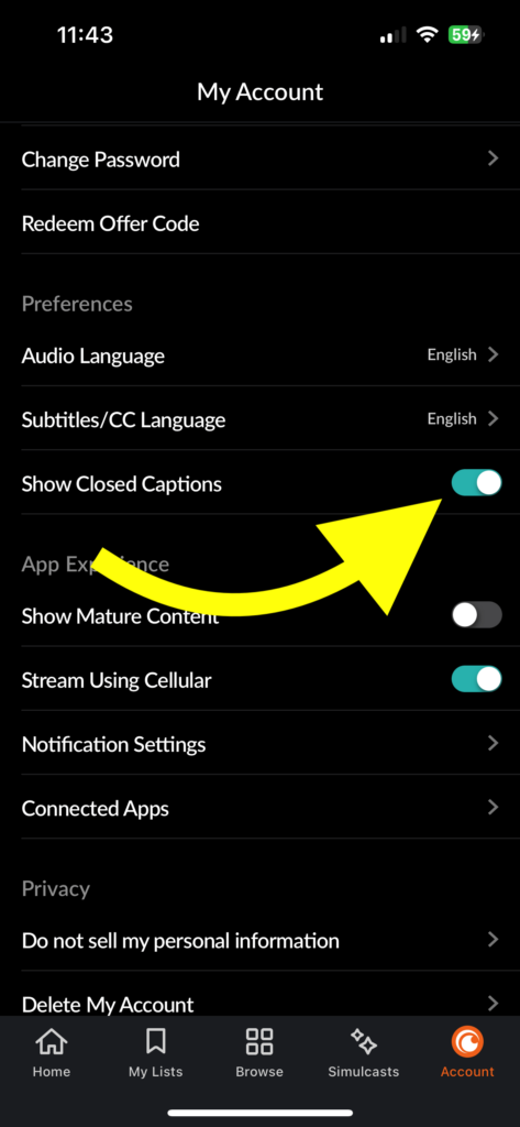 show closed captions on crunchyroll apps